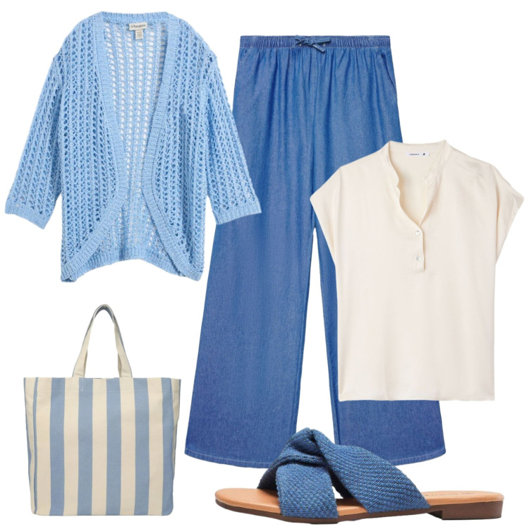 Outfit donna - Rientro dalle vacanze. Stile Casual per Tutti i giorni. Abbinamento con ciabatte, cardigans, pantaloni a palazzo, shopping bag, canottiere.
