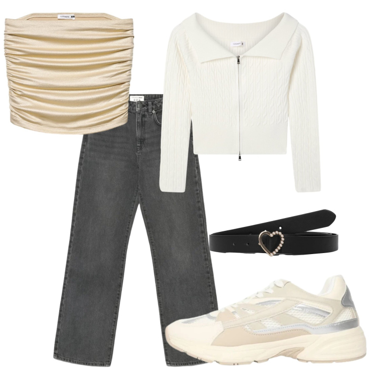 Outfit donna - Total look #2461092. Stile Casual per Serata fuori. Abbinamento con sneakers, top, jeans dritti, cinture, maglieria.