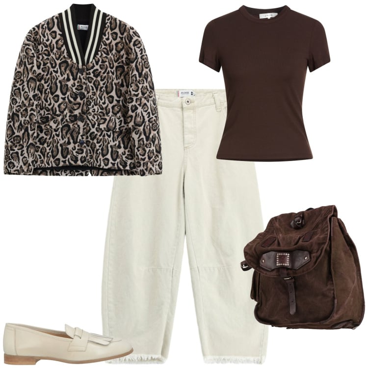 Outfit donna - Casual chic ufficio tempo libero. Stile Casual chic per Tutti i giorni. Abbinamento con t-shirt, mocassini, zaini, jeans dritti, bomber.