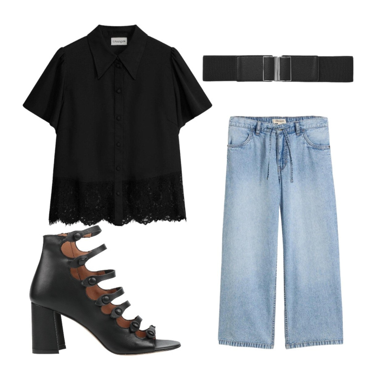 Outfit donna - Fine agosto. Stile Basic per Scuola/Università. Abbinamento con stivaletti, jeans, camicie a manica corta, cinture.