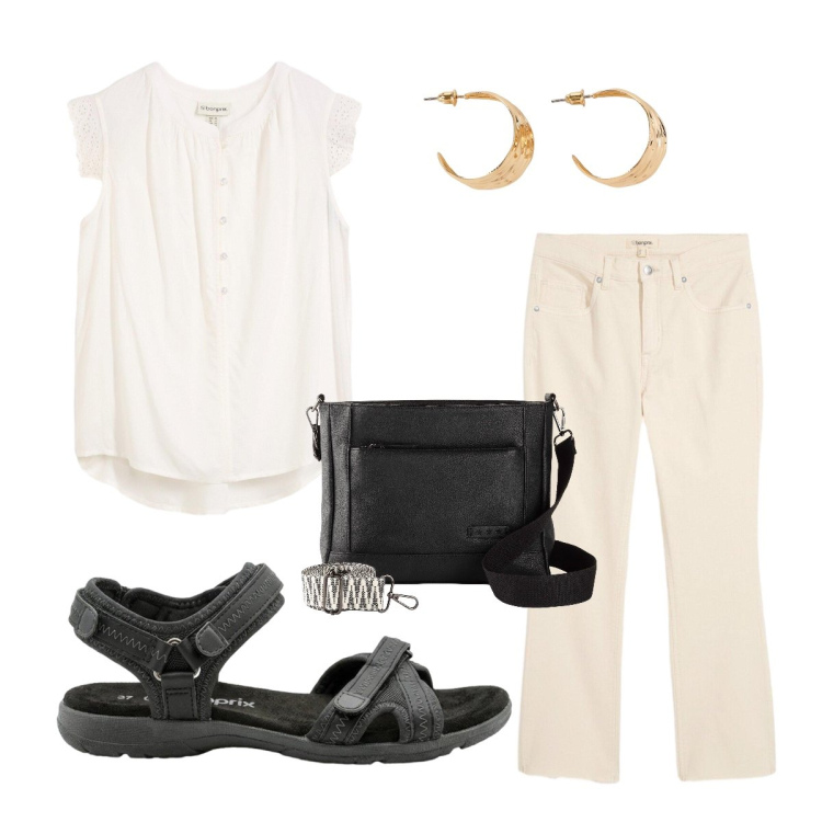 Outfit donna - Fine agosto. Stile Minimal per Tutti i giorni. Abbinamento con top, sandali, borse a tracolla, jeans bootcut, orecchini.