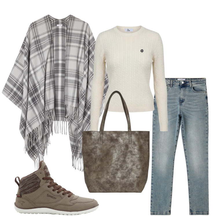 Outfit donna - La mantella a quadri. Stile Casual per Tutti i giorni. Abbinamento con sneakers alte, shopping bag, cappotti, jeans slim fit, maglieria.