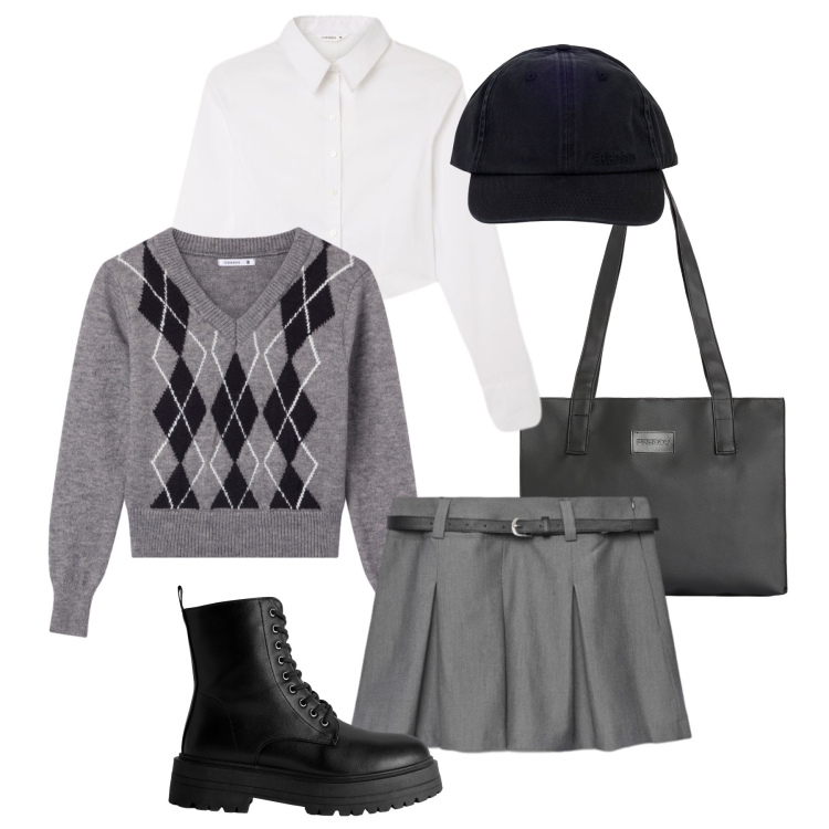 Outfit donna - Preppy rivisitato al liceo. Stile Preppy per Scuola/Università. Abbinamento con minigonne, anfibi, camicie, pullovers, shopping bag, cappelli con visiera.