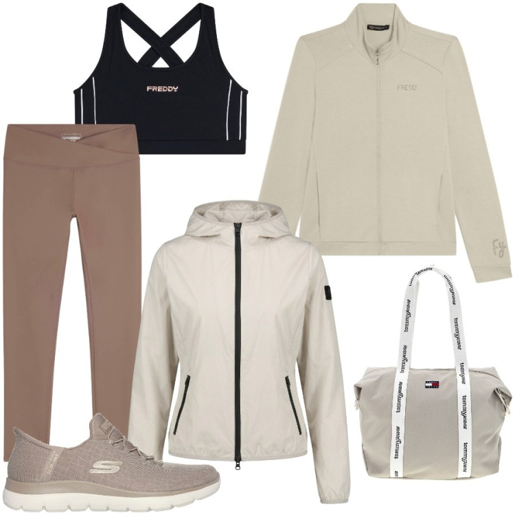 Outfit donna - Activewear contemporaneo. Stile Sporty chic per Sport. Abbinamento con leggings, felpe, top, blazer, shopping bag, sneakers.
