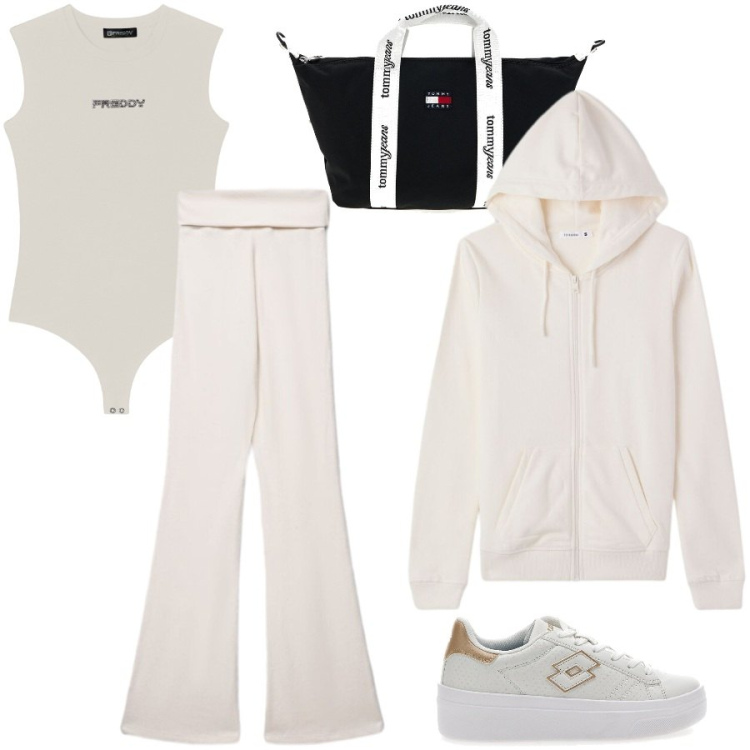 Outfit donna - Pilates class. Stile Sporty chic per Sport. Abbinamento con felpe con cappuccio, leggings, top, sneakers, shopping bag.