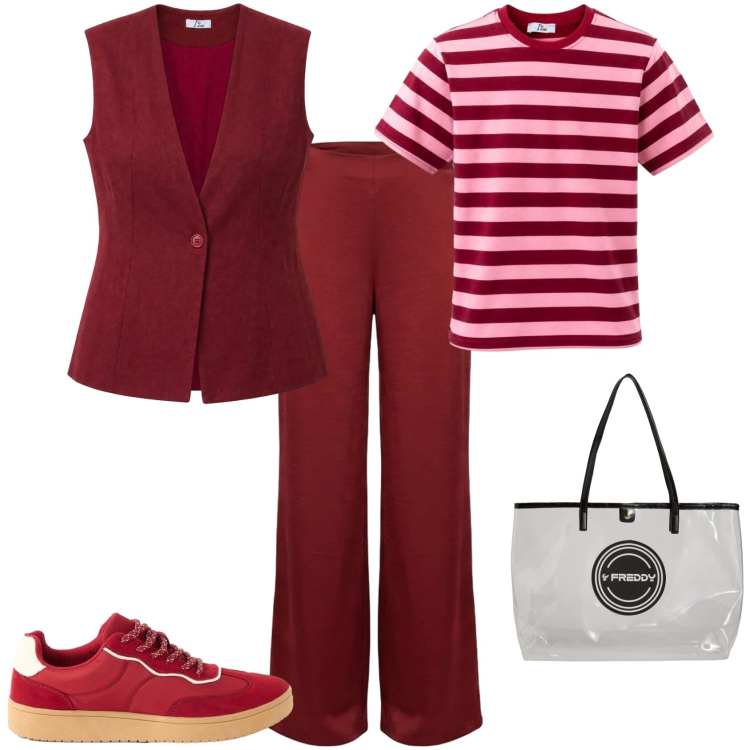 Outfit donna - Casual chic ufficio tempo libero. Stile Casual chic per Tutti i giorni. Abbinamento con sneakers, gilet, t-shirt, shopping bag, pantaloni a palazzo.
