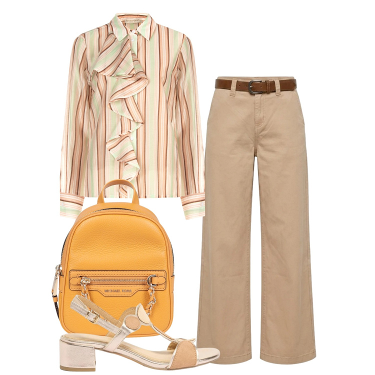 Outfit donna - Riunione. Stile Bon Ton per Ufficio. Abbinamento con zaini, sandali col tacco, camicie, pantaloni.