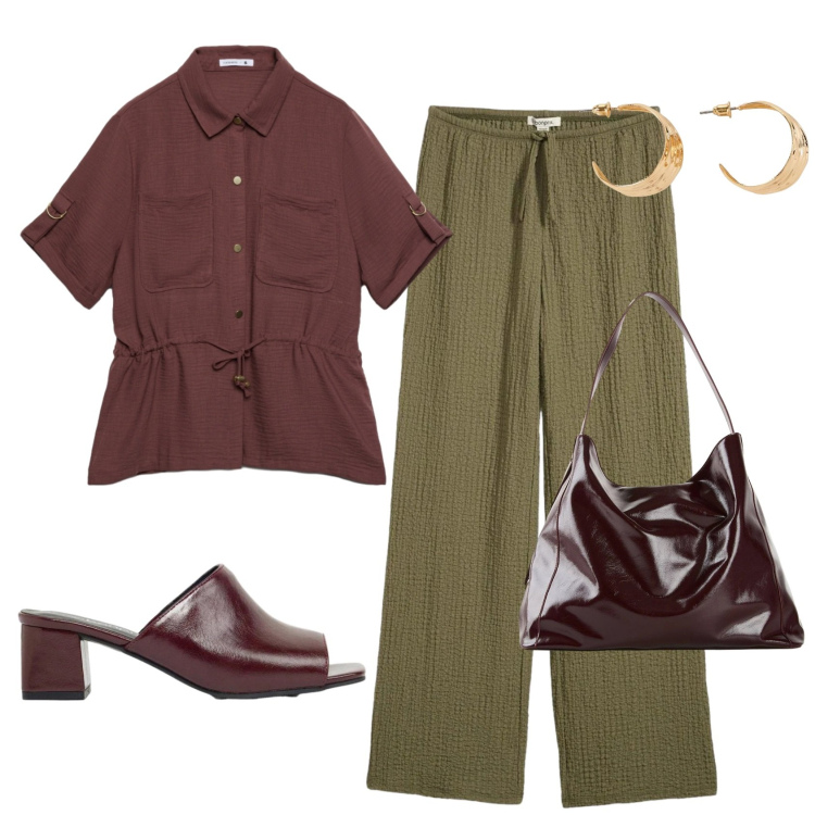 Outfit donna - Rientro in ufficio. Stile Casual chic per Ufficio. Abbinamento con shopping bag, orecchini, ciabatte, pantaloni, camicie a manica corta.