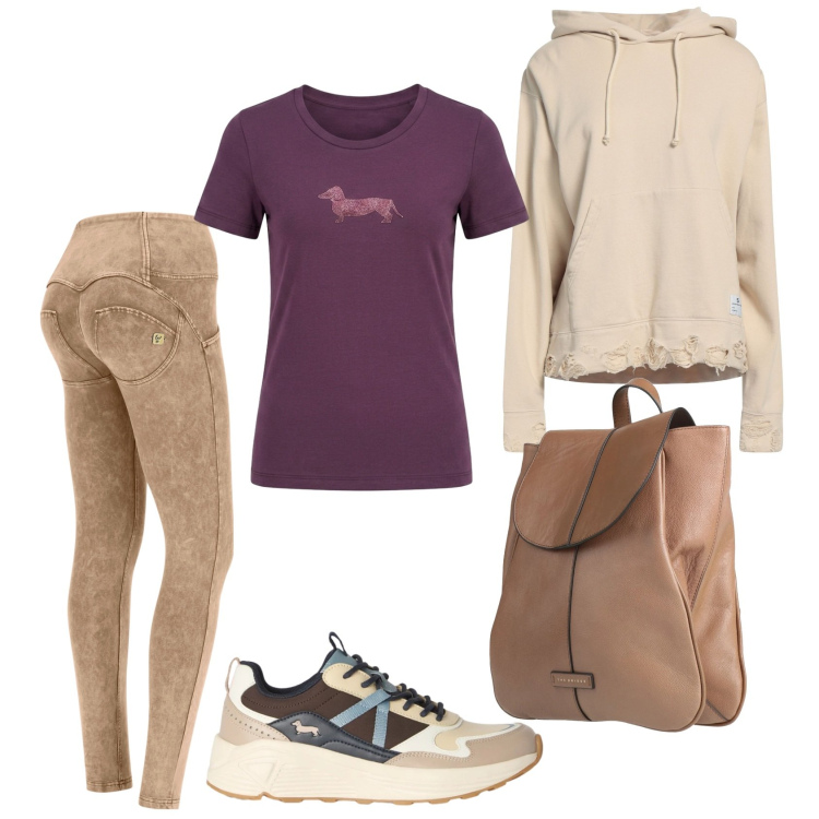 Outfit donna - Passeggiata. Stile Casual per Tutti i giorni. Abbinamento con zaini, felpe con cappuccio, sneakers, t-shirt, pantaloni skinny.