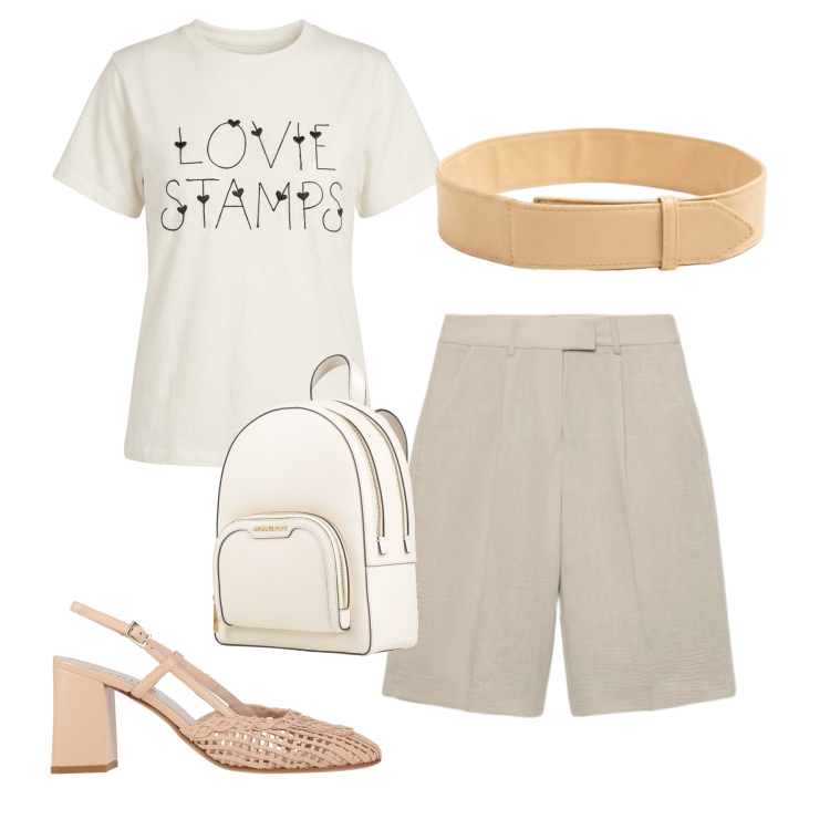 Outfit donna - Informale ma chic. Stile Bon Ton per Tutti i giorni. Abbinamento con zaini, décolleté, bermuda, cinture, t-shirt.