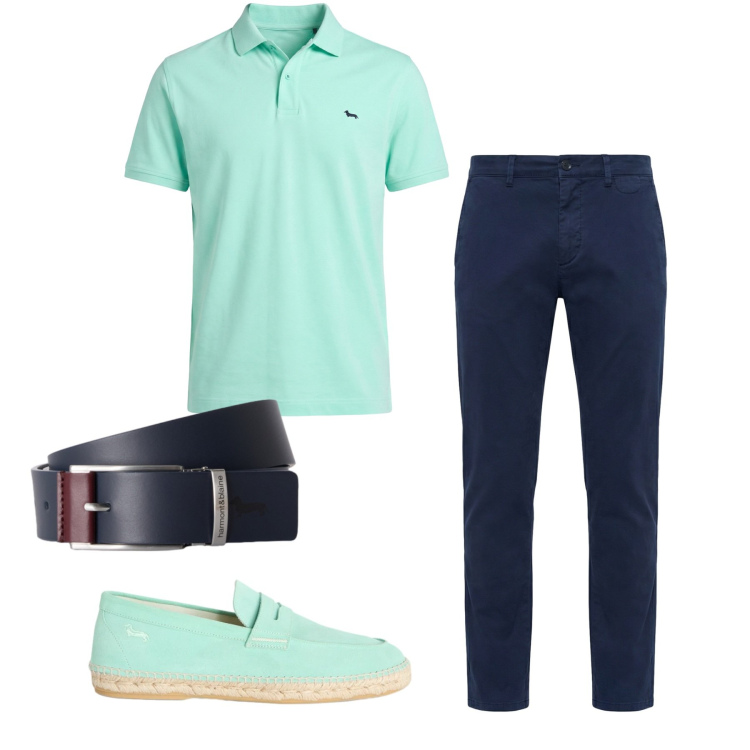 Outfit uomo - Menta e blu. Stile Casual per Tutti i giorni. Abbinamento con polo, pantaloni chino, espadrillas, cinture.