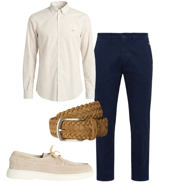 Outfit uomo - Blu e sabbia. Stile Casual per Tutti i giorni. Abbinamento con scarpe stringate, camicie, pantaloni chino, cinture.