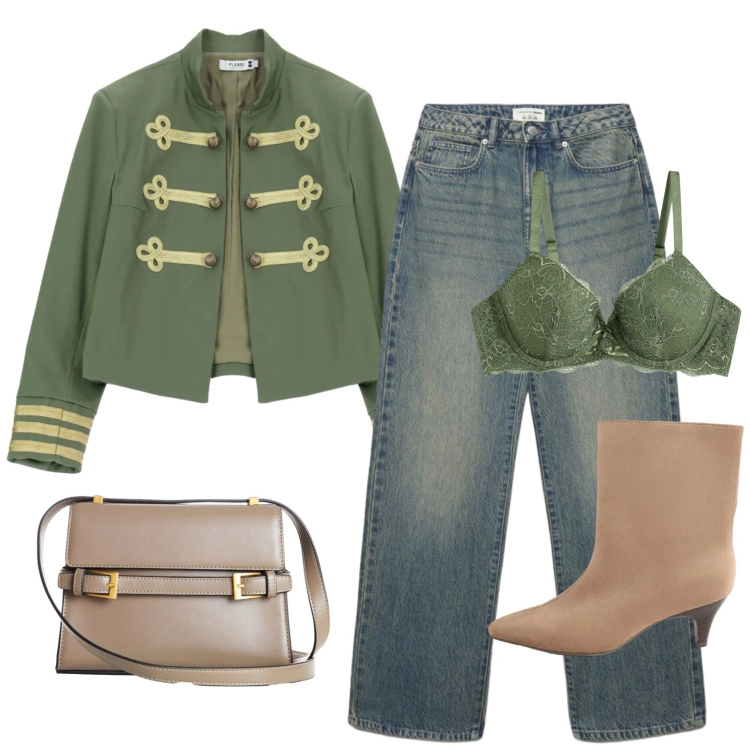 Outfit donna - Giacca con alamari. Stile Military per Serata fuori. Abbinamento con borse a tracolla, stivaletti, reggiseni, jeans dritti, cappotti.