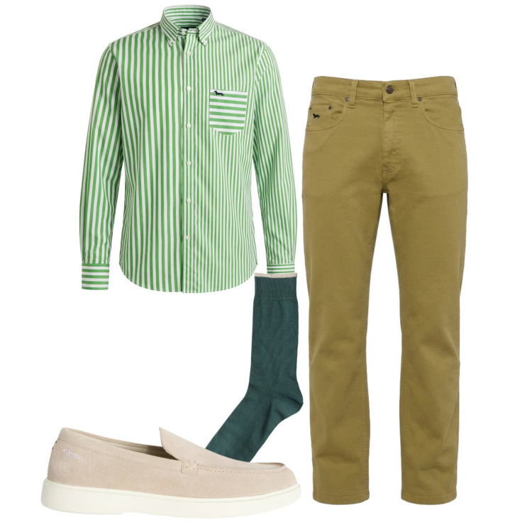 Outfit uomo - A righe. Stile Casual per Tutti i giorni. Abbinamento con scarpe stringate, camicie, jeans, calzini.