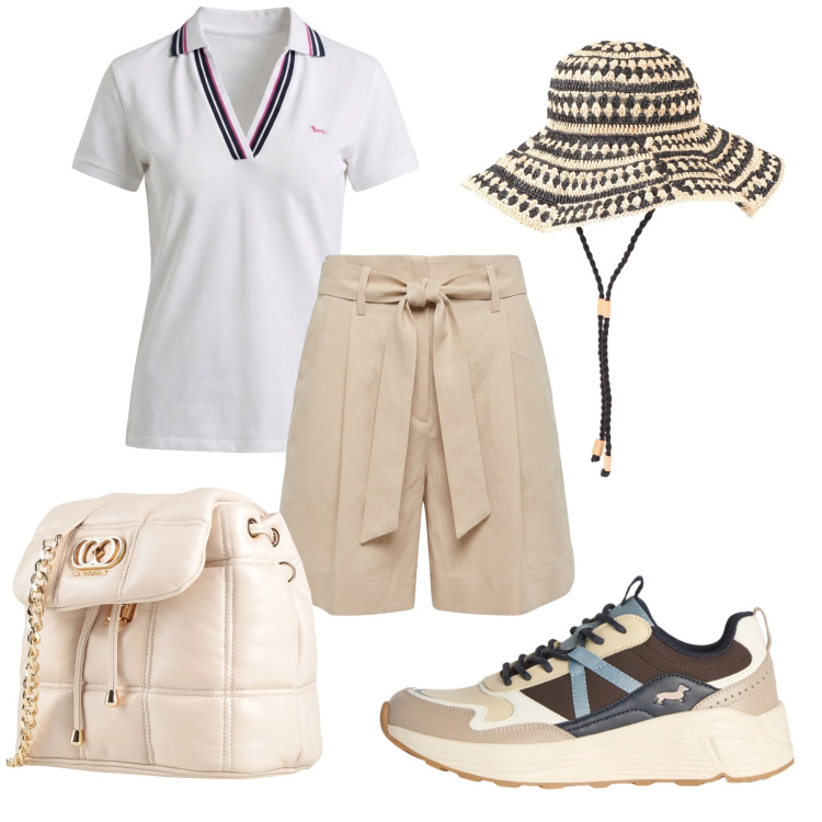Outfit donna - Total look #2461128. Stile Sporty chic per Tutti i giorni. Abbinamento con valigie, cappelli, polo, bermuda, sneakers.