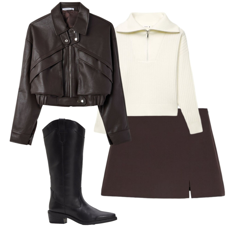 Outfit donna - City. Stile Trendy per Tutti i giorni. Abbinamento con stivali, bomber, minigonne, maglieria.