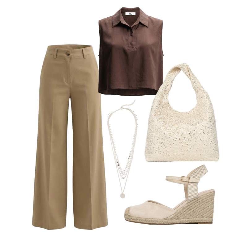 Outfit donna - Agosto. Stile Trendy per Tutti i giorni. Abbinamento con collane, zeppe, borse a spalla, top, pantaloni a palazzo.
