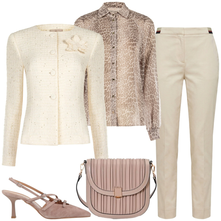 Outfit donna - Una discreta eleganza. Stile Casual chic per Cerimonia. Abbinamento con décolleté, pantaloni chino, borse a tracolla, blazer, camicie.