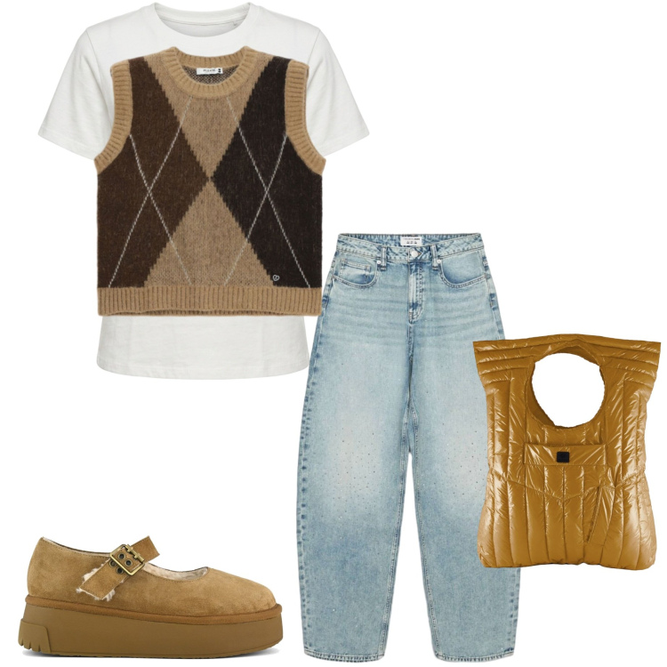 Outfit donna - Back to school. Stile Casual per Scuola/Università. Abbinamento con jeans, maglieria, borse a mano, t-shirt, décolleté.