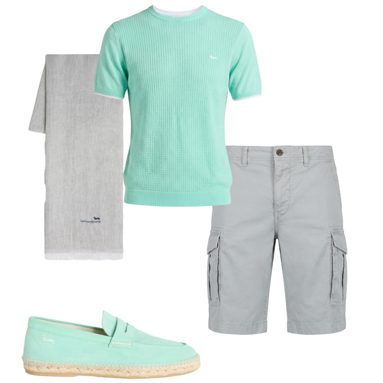 Outfit uomo - Perfect look. Stile Trendy per Tutti i giorni. Abbinamento con sciarpe, t-shirt, espadrillas, bermuda.