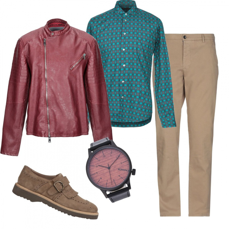 Outfit uomo - La camicia fantasia. Stile Urban per Tutti i giorni. Abbinamento con orologio con fibbia, pantaloni.