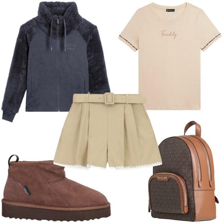 Outfit donna - Total look #2461160. Stile Trendy per Tutti i giorni. Abbinamento con zaini, stivaletti, shorts, felpe, t-shirt.