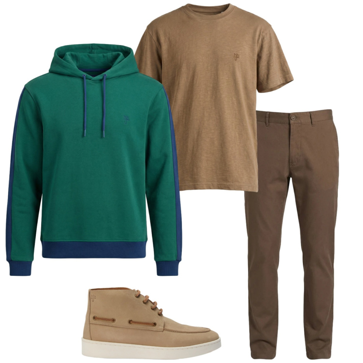 Outfit uomo - Agosto in montagna. Stile Casual per Tutti i giorni. Abbinamento con felpe con cappuccio, pantaloni, t-shirt, stivali e stivaletti.