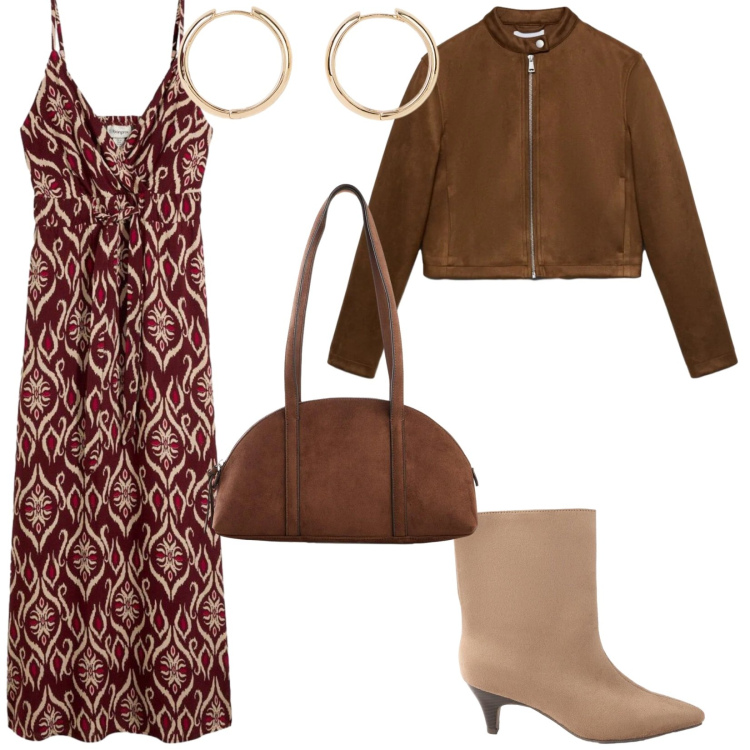 Outfit donna - Fine agosto. per Serata fuori. Abbinamento con vestiti lunghi, borse a tracolla, orecchini, stivaletti, giacche.