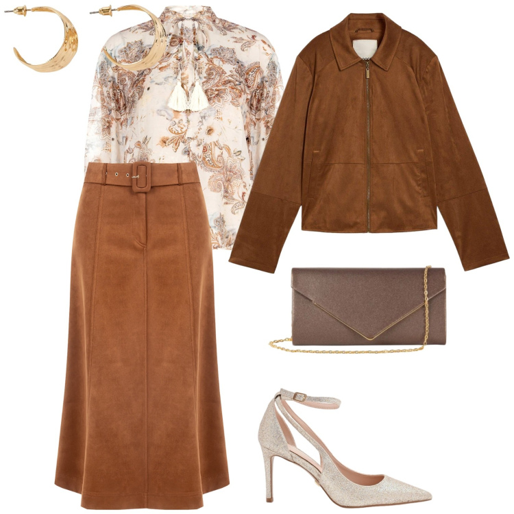 Outfit donna - Oro e camoscio. per Cerimonia. Abbinamento con blazer, orecchini, gonne longuette, bluse, décolleté, clutch.