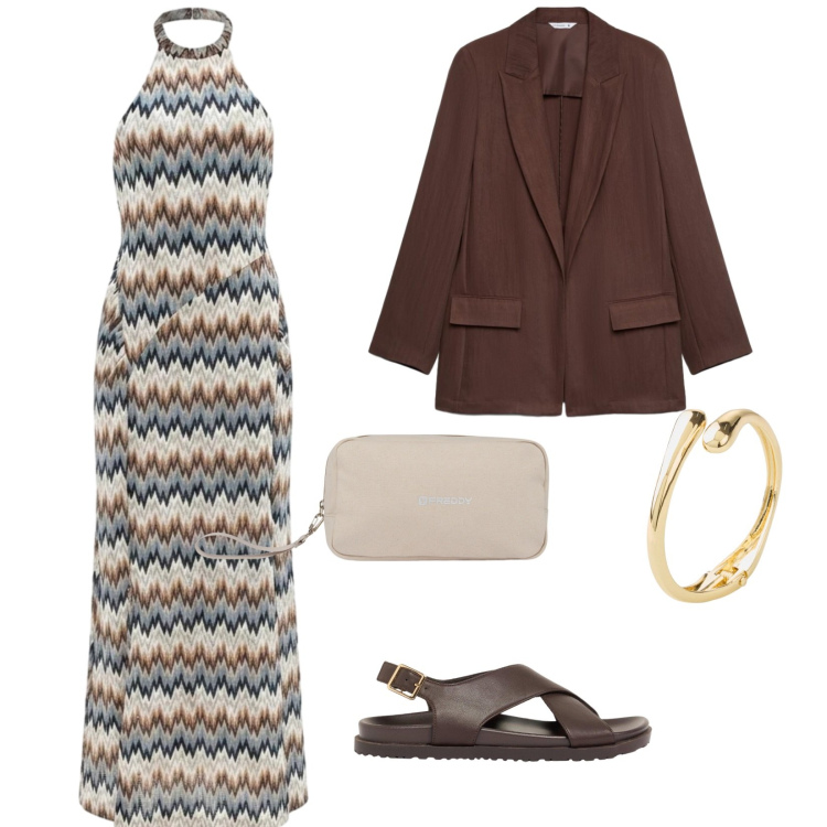 Outfit donna - Serate fresche. per Serata fuori. Abbinamento con sandali in pelle, braccialetti, blazer, vestiti lunghi, valigie.