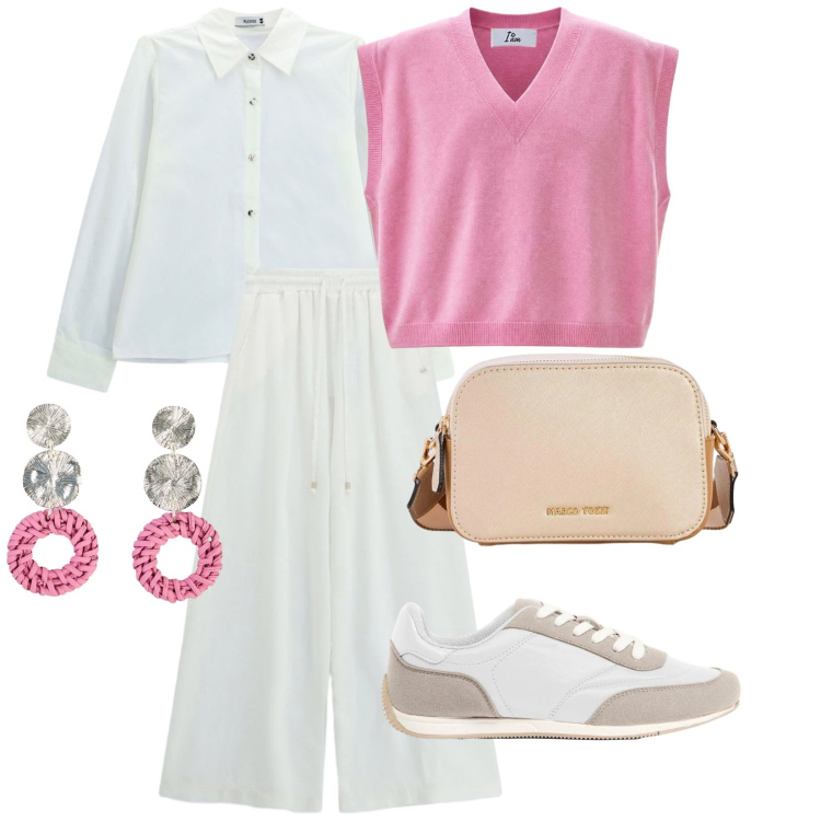 Outfit donna - Domenica mattina. per Tutti i giorni. Abbinamento con borse a tracolla, orecchini, sneakers, maglieria, camicie, pantaloni a palazzo.