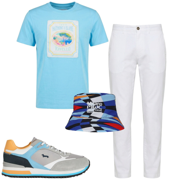 Outfit uomo - Agosto. Stile Casual per Tutti i giorni. Abbinamento con sneakers, pantaloni, t-shirt, cappelli.