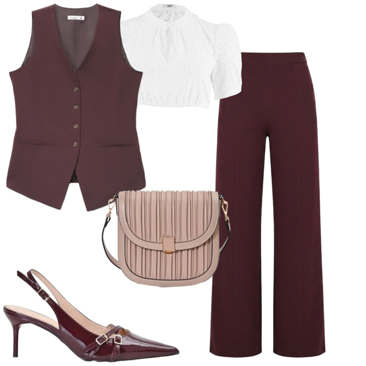 Outfit donna - City. Stile Trendy per Tutti i giorni. Abbinamento con top, gilet, pantaloni, borse a tracolla, décolleté.