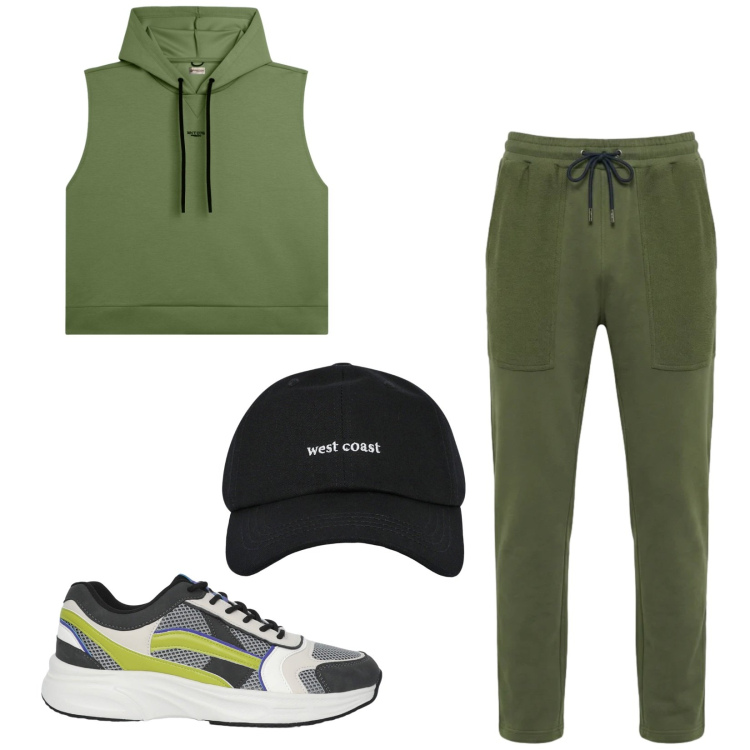 Outfit uomo - Total look #2461220. Stile Trendy per Sport. Abbinamento con pantaloni, sneakers, cappelli con visiera, felpe con cappuccio.