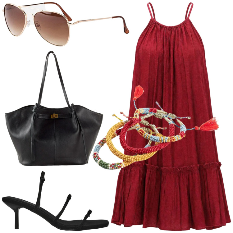 Outfit donna - Total look #2461228. Stile Casual chic per Tutti i giorni. Abbinamento con shopping bag, braccialetti, occhiali da sole, sandali col tacco, vestiti corti.