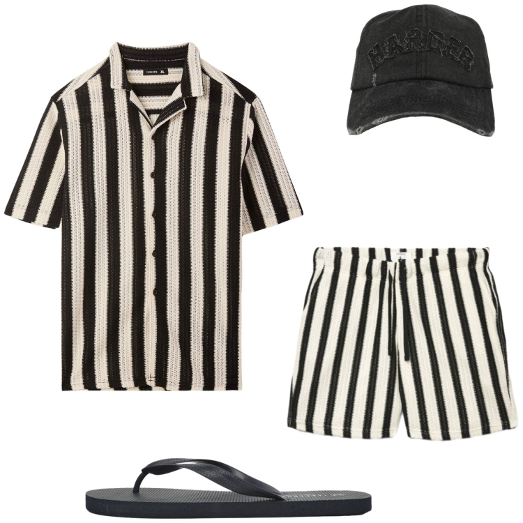 Outfit uomo - Total look #2461236. Stile Trendy per Mare. Abbinamento con camicie a manica corta, cappelli con visiera, sandali, pantaloni corti.
