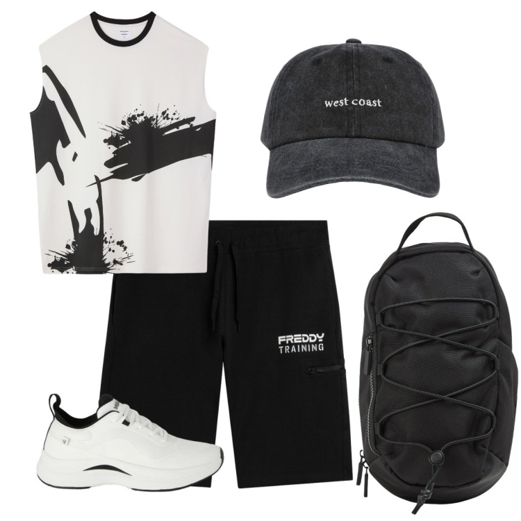 Outfit uomo - Weekend fuori porta. Stile Casual per Sport. Abbinamento con cappelli con visiera, borse sportive, t-shirt, sneakers, bermuda.