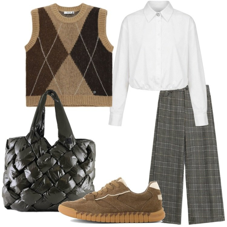 Outfit donna - Back to School. Stile Preppy per Scuola/Università. Abbinamento con maglieria, pantaloni, borse tote, camicie, sneakers.