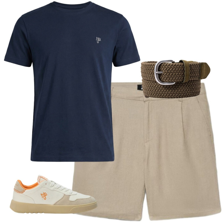 Outfit uomo - Eleganza. Stile Casual per Tutti i giorni. Abbinamento con sneakers, t-shirt, pantaloni corti, cinture.