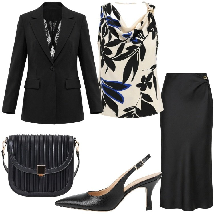 Outfit donna - Occasione elegante. Stile Chic per Serata fuori. Abbinamento con décolleté, blazer, canottiere, gonne longuette, borse a tracolla.