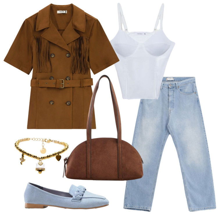 Outfit donna - Settembre. Stile Casual chic per Tutti i giorni. Abbinamento con mocassini, borse a tracolla, canottiere, giacche, jeans, braccialetti.