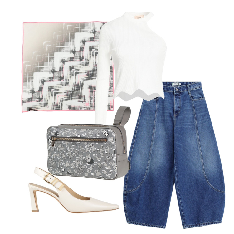 Outfit donna - Settembre. Stile Casual chic per Tutti i giorni. Abbinamento con marsupi, top, sciarpe, décolleté, jeans.