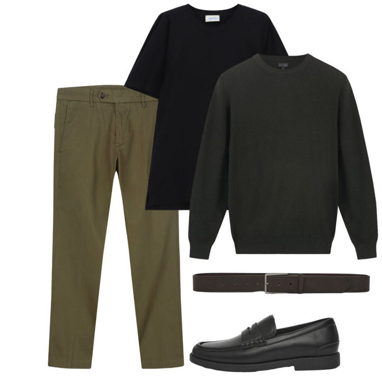 Outfit uomo - Settembre. Stile Casual per Tutti i giorni. Abbinamento con t-shirt, pantaloni chino, maglieria, cinture, scarpe stringate.