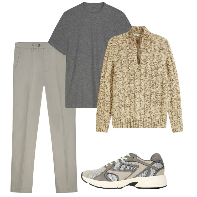 Outfit uomo - Settembre. Stile Casual per Tutti i giorni. Abbinamento con pantaloni chino, t-shirt, sneakers, maglieria.