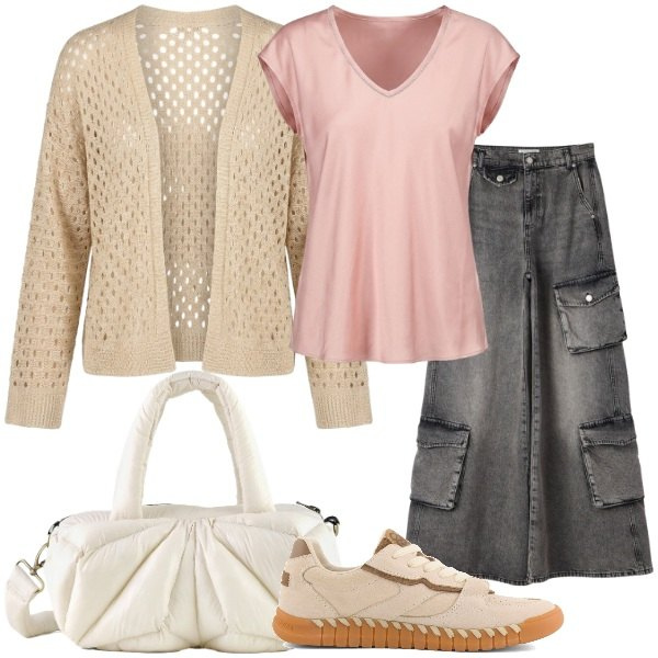 Outfit donna - Primi giorni di università. Stile Casual chic per Scuola/Università. Abbinamento con jeans, borse a mano, t-shirt, cardigans, sneakers.