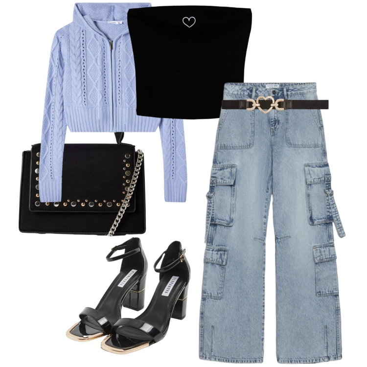 Outfit donna - Fresca serata estiva. Stile Casual chic per Tutti i giorni. Abbinamento con sabot, top, cardigans, jeans, cinture, borse a tracolla.