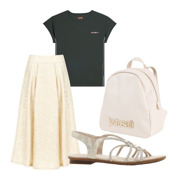 Outfit donna - nuance chiare. Stile Romantica per Tutti i giorni. Abbinamento con zaini, sandali, gonne longuette, t-shirt.