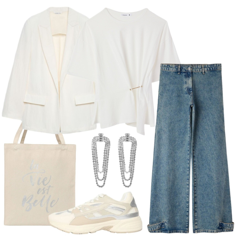 Outfit donna - La vie est belle. Stile Casual chic per Tutti i giorni. Abbinamento con t-shirt, jeans, orecchini, blazer, sneakers, borse tote.