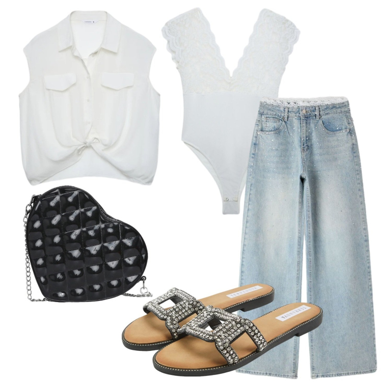 Outfit donna - Passeggiata estiva. Stile Boho per Tutti i giorni. Abbinamento con ciabatte, borse a tracolla, camicie a manica corta, top, jeans.