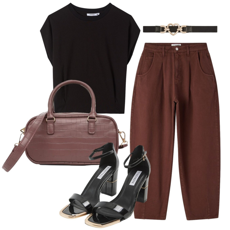 Outfit donna - Ritorno in ufficio. Stile Trendy per Ufficio. Abbinamento con pantaloni, t-shirt, sabot, borse a tracolla, cinture.